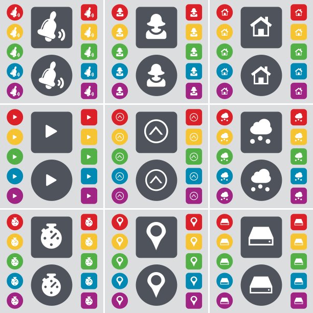 钟，阿凡达，房子，媒体播放，箭头向上，云，停止手表，检查点，硬盘图标符号。一套大的平面，彩色按钮为您的设计。向量图片下载