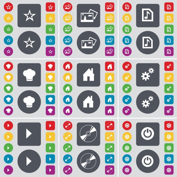 星形，图片，音乐文件，烹饪帽，房子，齿轮，媒体播放，磁盘，电源图标符号。一套大的平面，彩色按钮为您的设计。向量图片下载