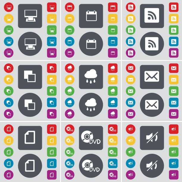 采购产品监视器，日历，RSS，拷贝，云，消息，文件，DVD，静音图标符号。一套大的平面，彩色按钮为您的设计。向量图片下载