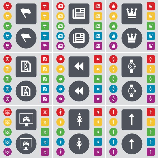 采购产品旗帜，报纸，皇冠，ZIP文件，倒带，手表，显示器，剪影，箭头向上图标符号。一套大的平面，彩色按钮为您的设计。向量图片下载