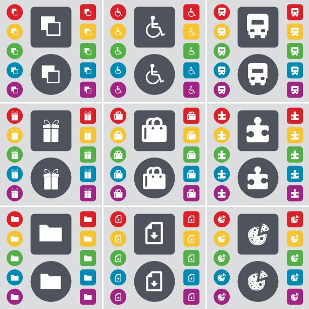 采购产品复制，残疾人，垃圾桶，礼品，购物袋，拼图部分，文件夹，下载文件，披萨图标符号。一套大的平面，彩色按钮为您的设计。向量图片下载