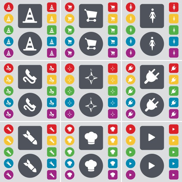 采购产品圆锥，购物车，剪影，接收器，指南针，插座，火箭，烹饪帽子，媒体播放图标符号。一套大的平面，彩色按钮为您的设计。向量图片下载