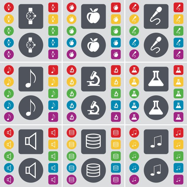 手表，苹果，麦克风，笔记，显微镜，烧瓶，声音，数据库，笔记图标符号。一套大的平面，彩色按钮为您的设计。向量图片下载
