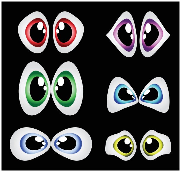 矢量卡通眼睛设置孤立的黑色背景图片下载