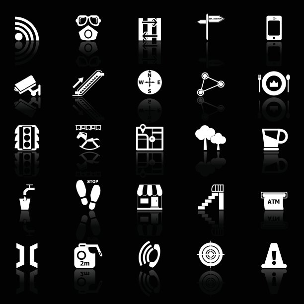 路径相关图标与黑色背景反射图片下载