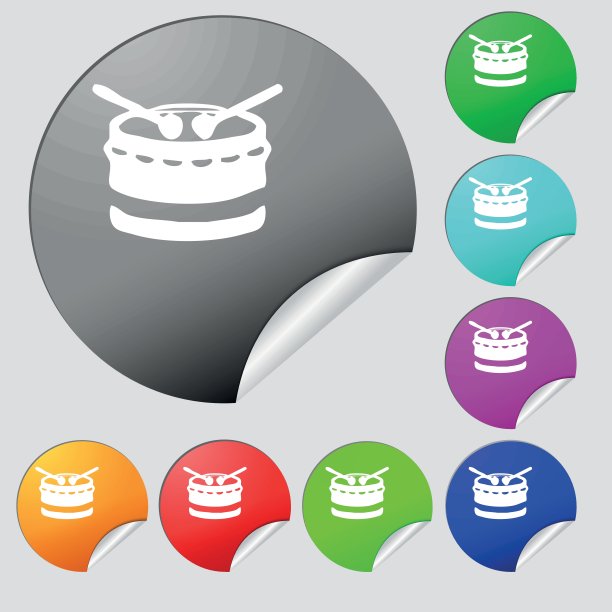 鼓图标符号。八套多色圆扣、贴纸。向量图片下载