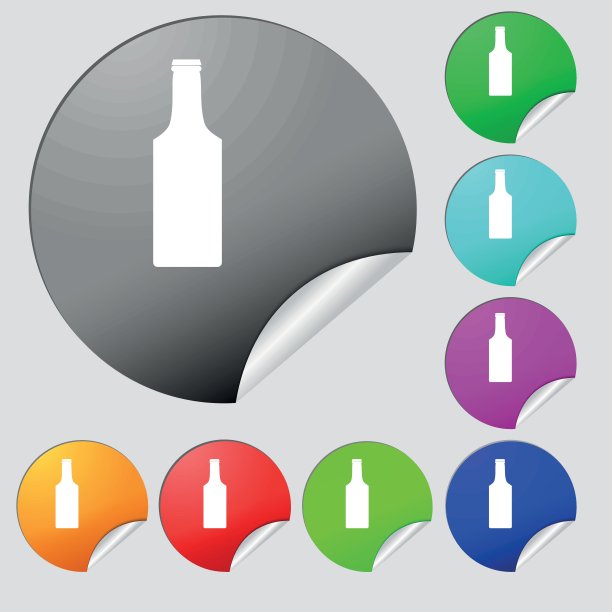 瓶图标符号。八套多色圆扣、贴纸。向量图片下载