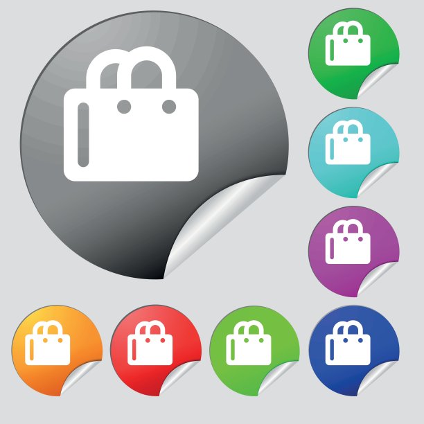 购物袋图标标志。八套多色圆扣、贴纸。向量图片下载