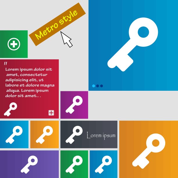 钥匙图标符号。地铁风格的按钮。现代界面网站按钮与光标指针。向量图片下载