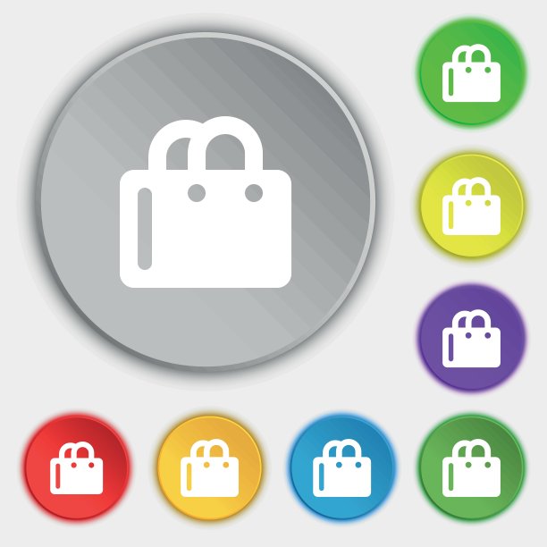 购物袋图标标志。符号在五个平面按钮上。向量图片下载