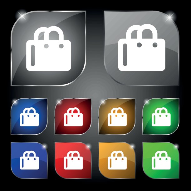 购物袋图标标志。十套彩色按钮与眩光。向量图片下载