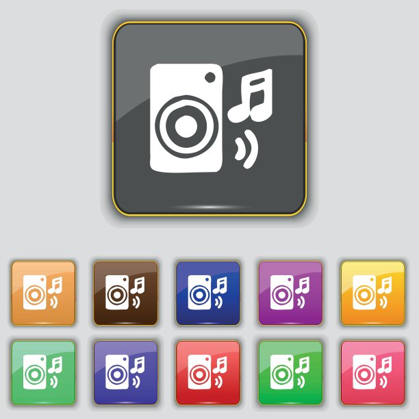 音乐栏，迪斯科，音乐，旋律，喇叭图标标志。为你的网站设置11个颜色的按钮。向量图片下载