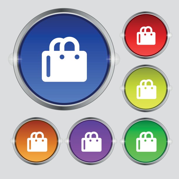 购物袋图标标志。圆形符号上鲜艳的色彩按钮。向量图片下载