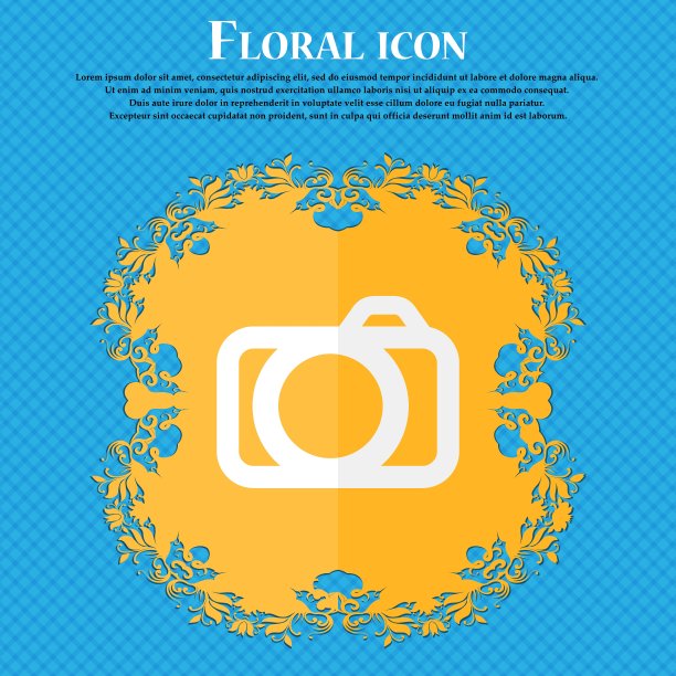 照片相机标志图标。数码相机符号。花卉平面设计的蓝色抽象背景与地方为您的文本。向量图片下载