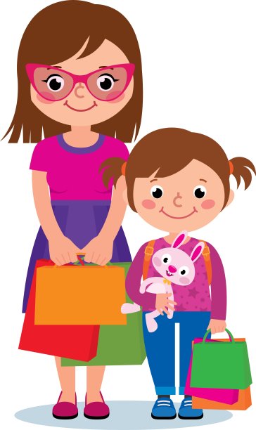 母亲和女儿拿着购物袋孤立在白色的背景图片下载