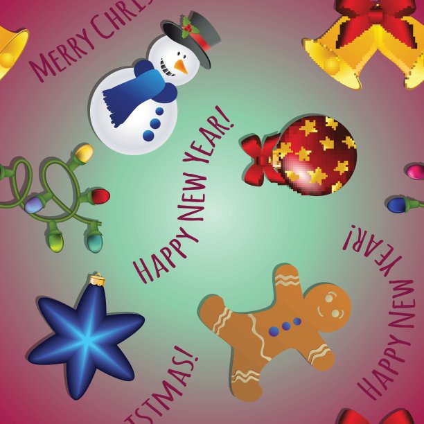 新年图案有雪人，姜饼人，铃铛，花环和圣诞树玩具图片下载