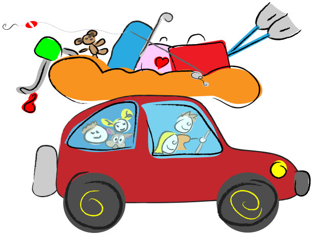 卡通快乐的家庭旅行度假与有趣的汽车与行李图片下载