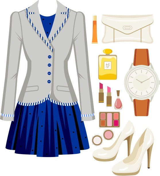 时尚套装由女装、配饰和化妆品组成图片下载