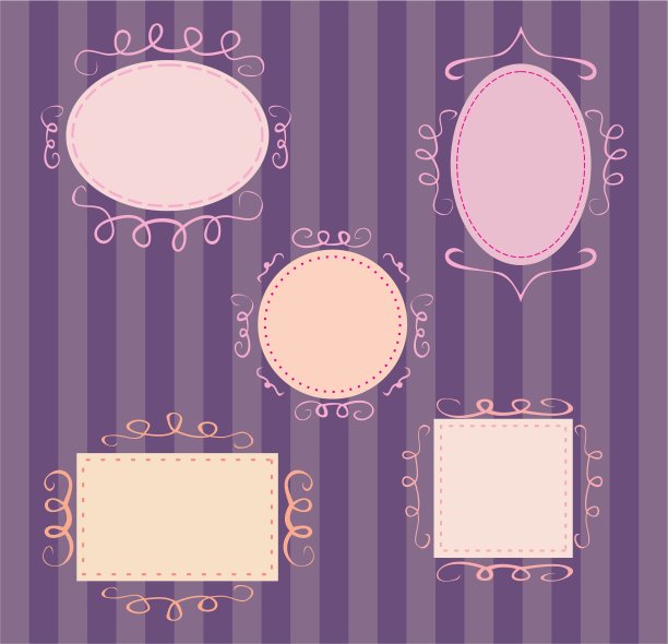 空的复古向量帧集。可爱的粉色，橙色和紫色的奇思妙想的手绘设计元素的图片或文字图片下载