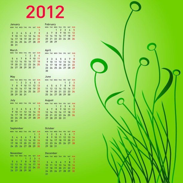 时尚日历与鲜花为2012年。一周从周日开始。图片下载