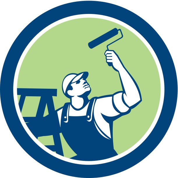 房屋油漆工与油漆滚筒和梯子复古图片下载