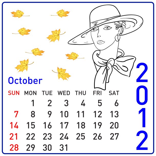 2012年日历矢量。10月图片下载