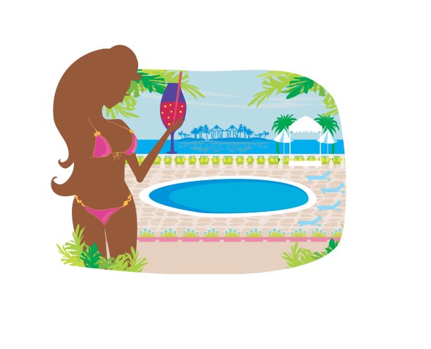在热带泳池边喝酒的女孩图片下载