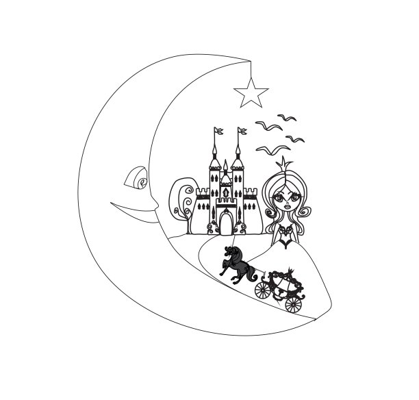 中世纪城堡，公主，马车和月亮手画我图片下载