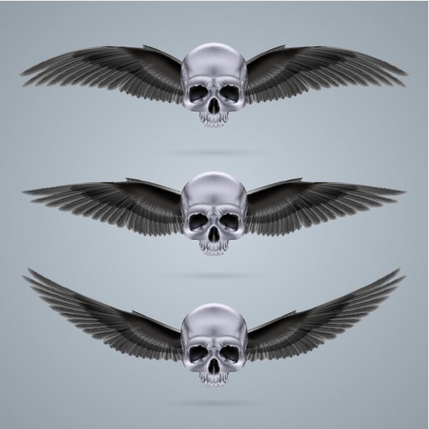 三个金属铬头骨和两个翅膀图片下载