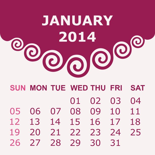 2014年1月的日历与螺旋设计-矢量插图图片下载