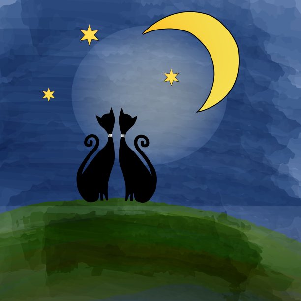 月光下草地上的两只猫图片下载