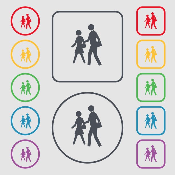 人行横道标志符号。符号在带有框架的圆形和方形按钮上。向量图片下载