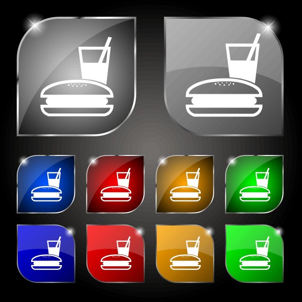 午餐盒图标标志。十套彩色按钮与眩光。向量图片下载