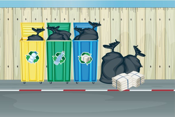 三种不同颜色的垃圾桶图片下载