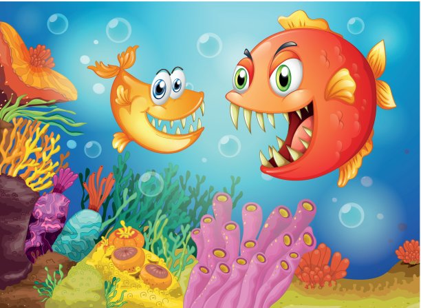 海底有两条长着大毒牙的鱼图片下载