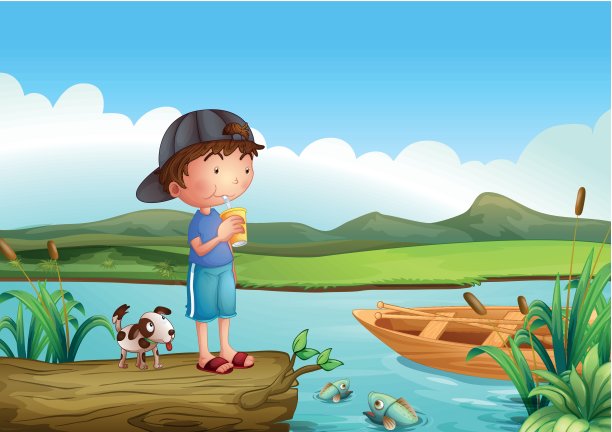 一个男孩和一只狗在一个漂浮的树干上图片下载