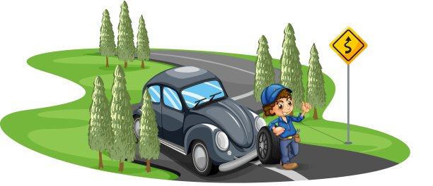 一个男孩正在修理一辆灰色的汽车图片下载