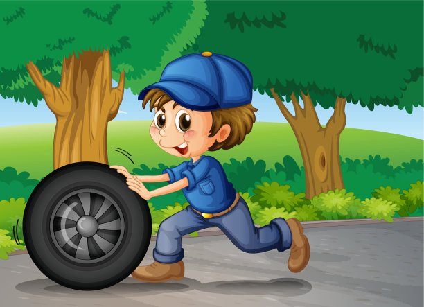 一个男孩戴着帽子推着一个轮子图片下载