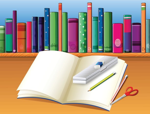 一个空笔记本在放书的木架前面图片下载