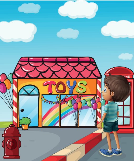 一个男孩站在玩具店附近图片下载