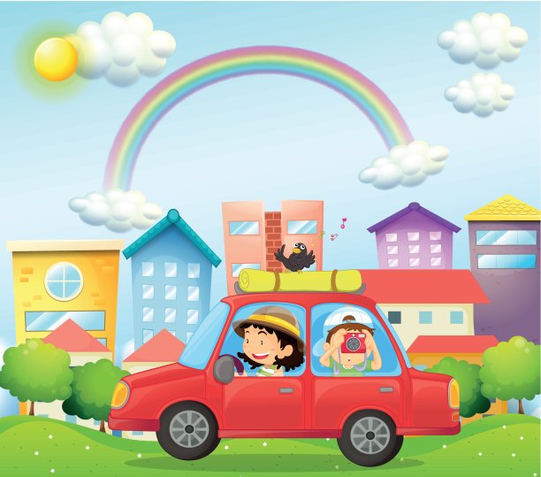 妈妈和孩子在车里，还有一只鸟图片下载