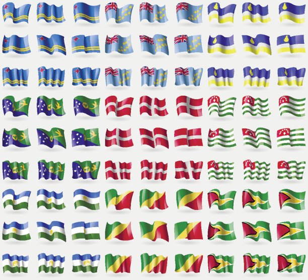 阿鲁巴、图瓦卢、布里亚特、圣诞岛、马耳他军事教团、阿布哈兹、巴什科尔托斯坦、刚果共和国、圭亚那。一套大的81面旗帜。向量图片下载