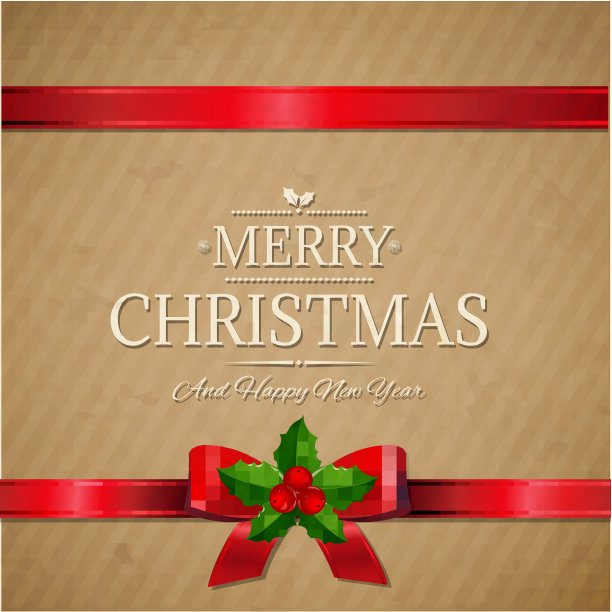 复古圣诞礼品卡与红丝带和冬青浆果图片下载