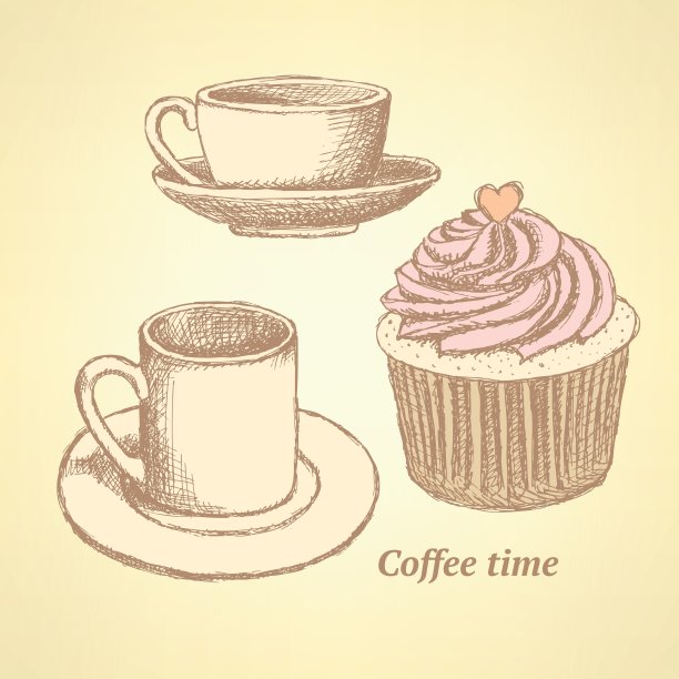 素描咖啡集在复古风格图片下载