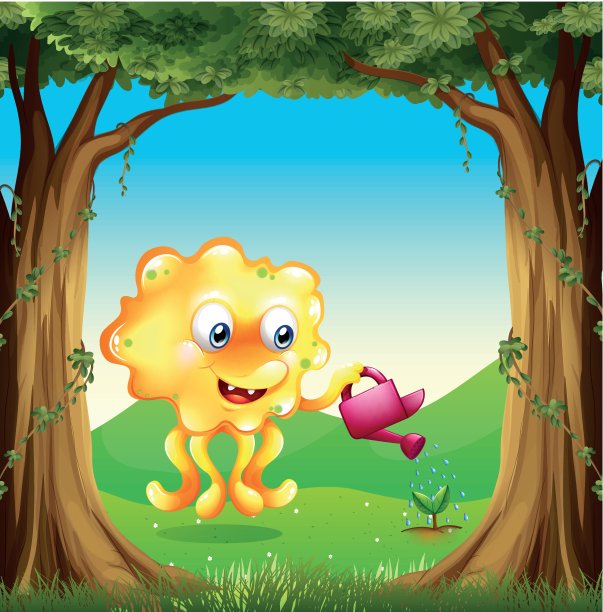 一个怪物在森林里给植物浇水图片下载