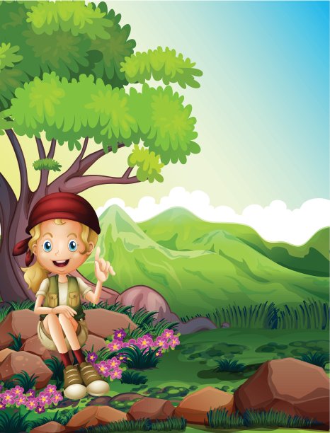 一个女孩在森林的岩石上休息图片下载