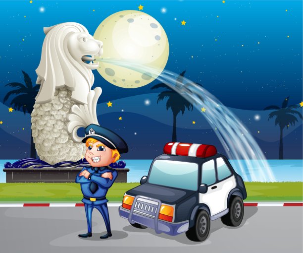 一名警察和他的巡逻车靠近鱼尾狮雕像图片下载