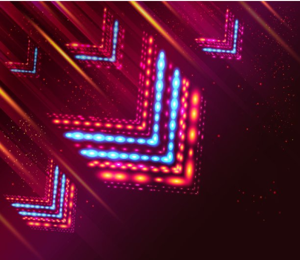 闪亮的箭头和条纹飞过紫色的背景。图片下载