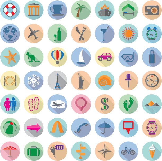 矢量组的彩色旅行平面图标图片下载