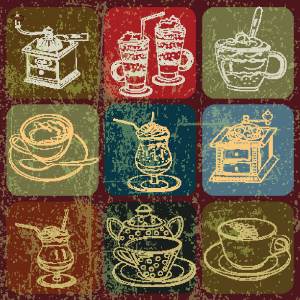 茶和咖啡的东西横幅设置与Grunge效果图片下载